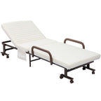 Folding Bed with Mattress, Single Guest Bed, Portable Fold Bed with Adjustable Backrest, Metal Frame on Wheels, White, 190 x 76 cm