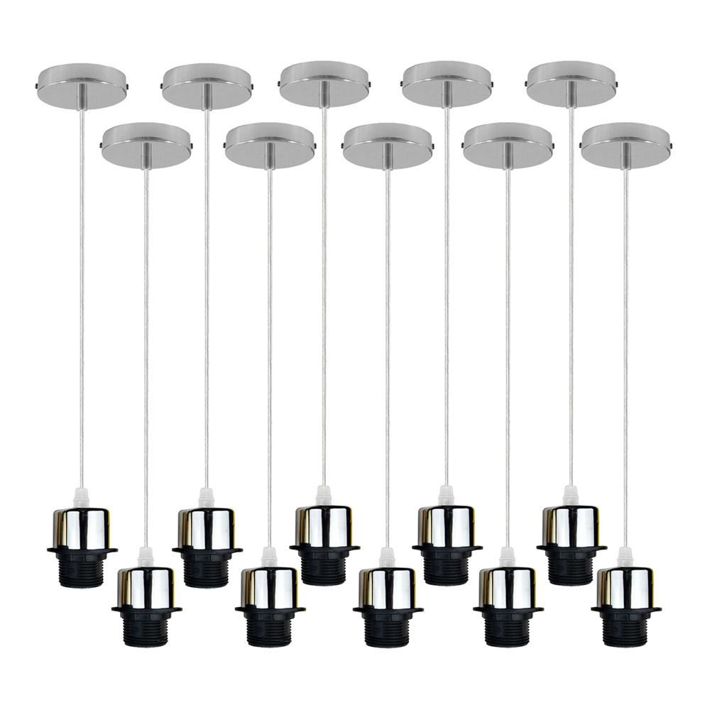 Industrial Chrome Pendant Light 10-Pack - Addable Lampshade - E27 UK Holder Set - PVC Cable - Dimmable