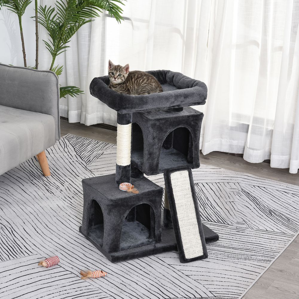 Cat Rest & Play Tree - 2 House Perch Scratching Post, Durable - Black