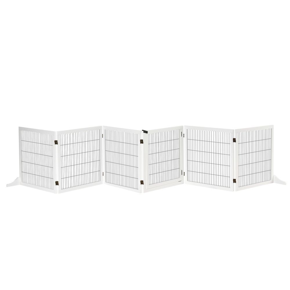 Freestanding Pet Gate, 6 Panel Foldable Playpen, Wooden Dog Gate with 2 Support Feet, for Stairs, Doorway - White