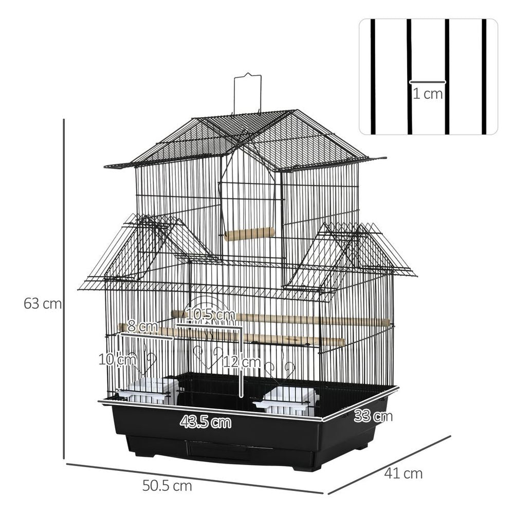 Metal Bird Cage w/ Plastic Perch & Food Container - 50.5x40x63cm - Black
