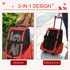 Pet Travel Backpack Bag Cat Puppy Dog Carrier w/ Trolley and Telescopic Handle Portable Stroller Wheel Luggage Bag (Red)
