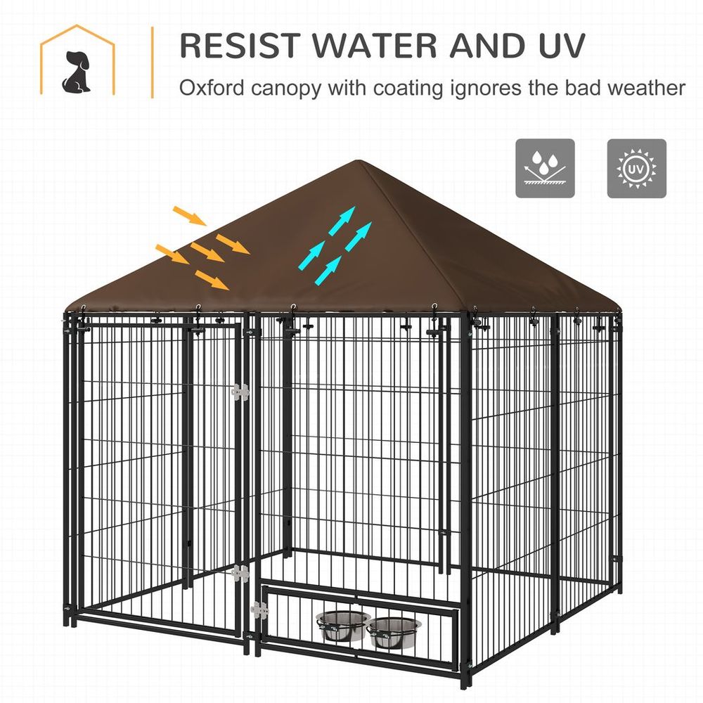 Outdoor Dog House Kennel: Canopy Top, Secure Lock, and Rotating Bowl Holder