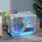 2 Tier Hamster Cage Carrier Habitat Small Animal House with Exercise Wheels Tunnel Tube Water Bottle Dishes House Ladder for Dwarf Mice, Blue