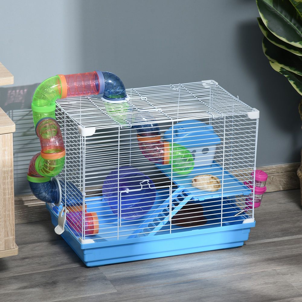 2 Tier Hamster Cage Carrier Habitat Small Animal House with Exercise Wheels Tunnel Tube Water Bottle Dishes House Ladder for Dwarf Mice, Blue