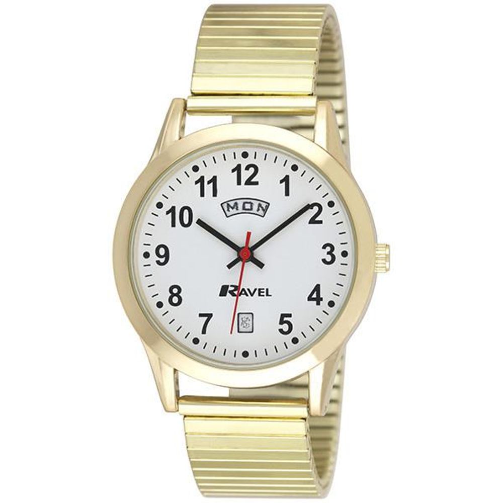 Mens Gilt Stainless Steel Day/Date Expandable Bracelet Strap Watch.1EX