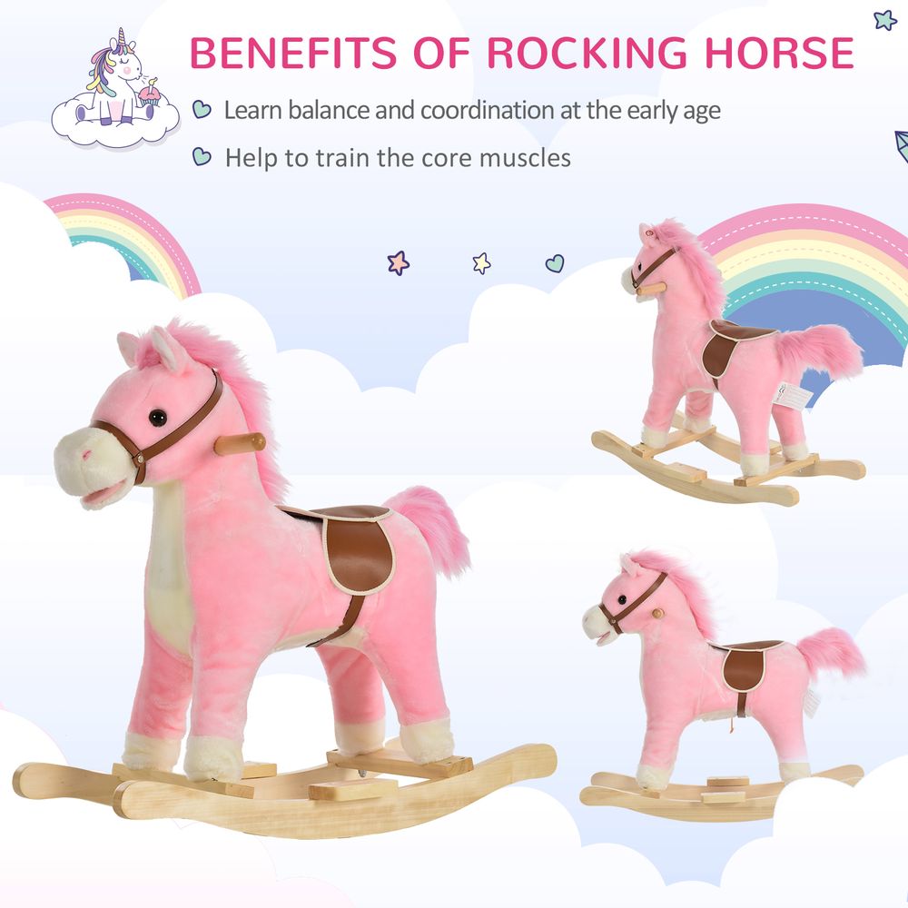 High-Quality Kids Plush Rocking Horse w/ Moving Mouth & Tail Sounds - Pink