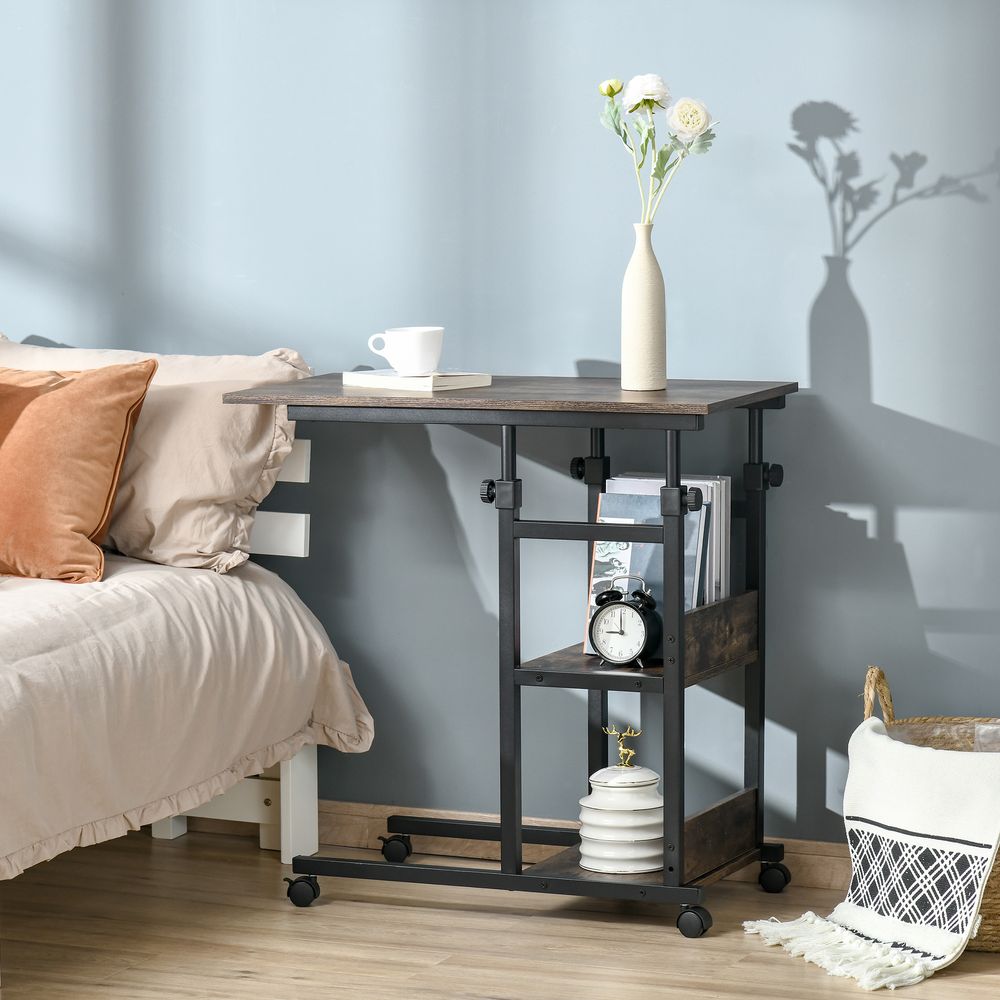 Industrial Mobile Sofa Side Table C-Shaped Rolling Couch Table with 3-Tier Storage Shelving Four Lockable Wheels Steel Frame - Brown
