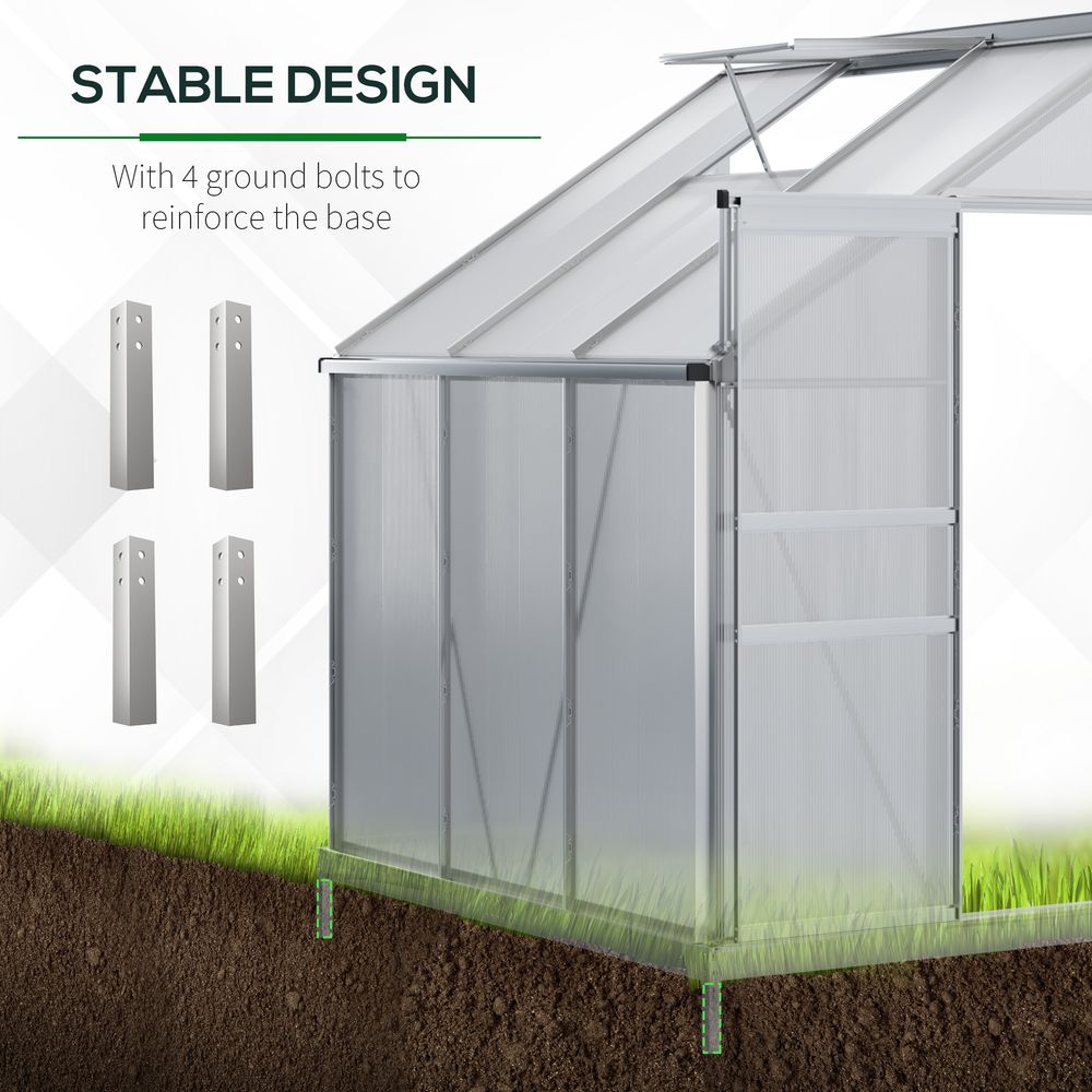 6 x 4ft Polycarbonate Greenhouse Aluminum Roof Vent, Rain Gutter Sliding Door