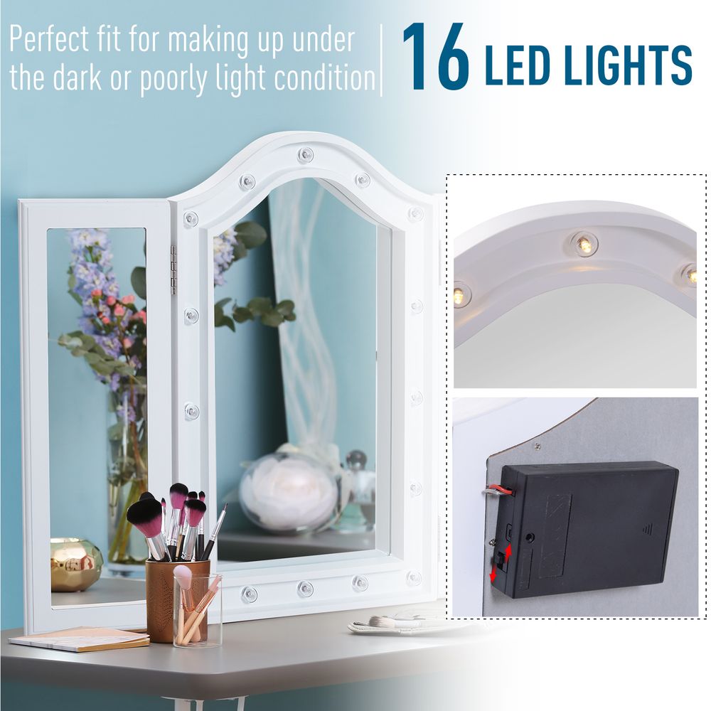 Lighted Tri-Fold Vanity Mirror Large Cosmetic Mirror LED Lights White