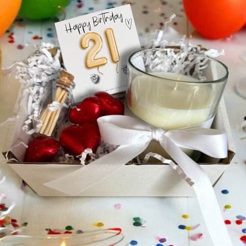 Small 21st Birthday Gold Balloons Gift Hamper - Cubic Zirconia Earrings, Chocolates & Candle