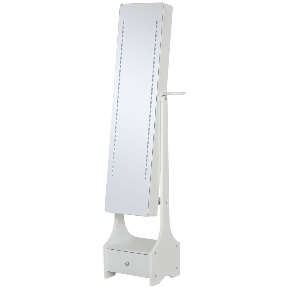 Jewellery Cabinet, Full Length Mirror with Storage, Free Standing Mirror with LED Lights, Hooks, Drawer and Hairdryer Holder for Bedroom, White