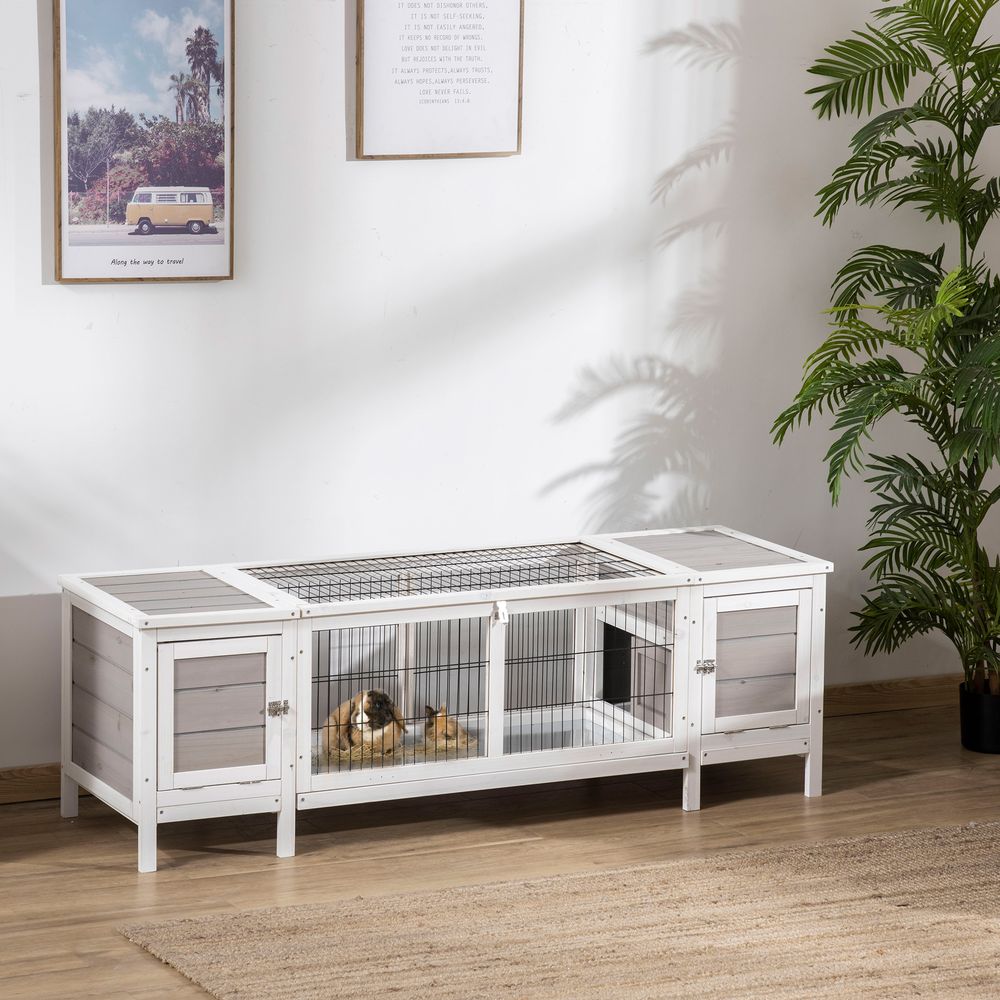 IE Located Wooden Rabbit Hutch Guinea Cage Separable Bunny Run Small Bunny House w/Slide Out Tray - Grey