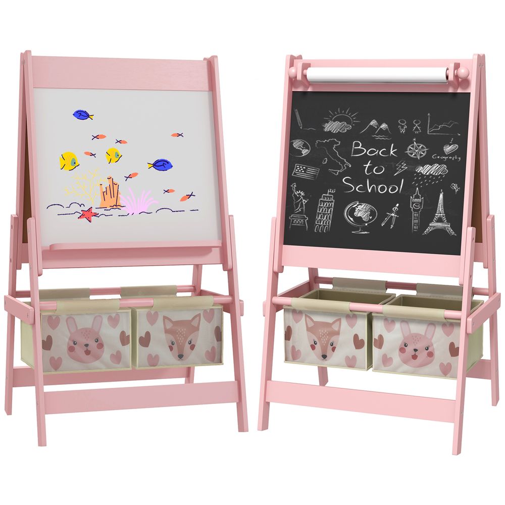 Kids Easel with Paper Roll, 3 in 1 Art Easel for Children, with Blackboard, Whiteboard, Storage Baskets, Pink