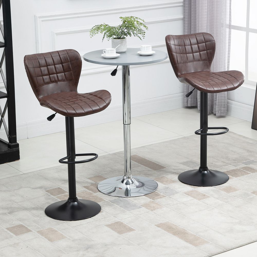 2 Brown PU Leather Swivel Bar Chairs - Adjustable Height, Backrest