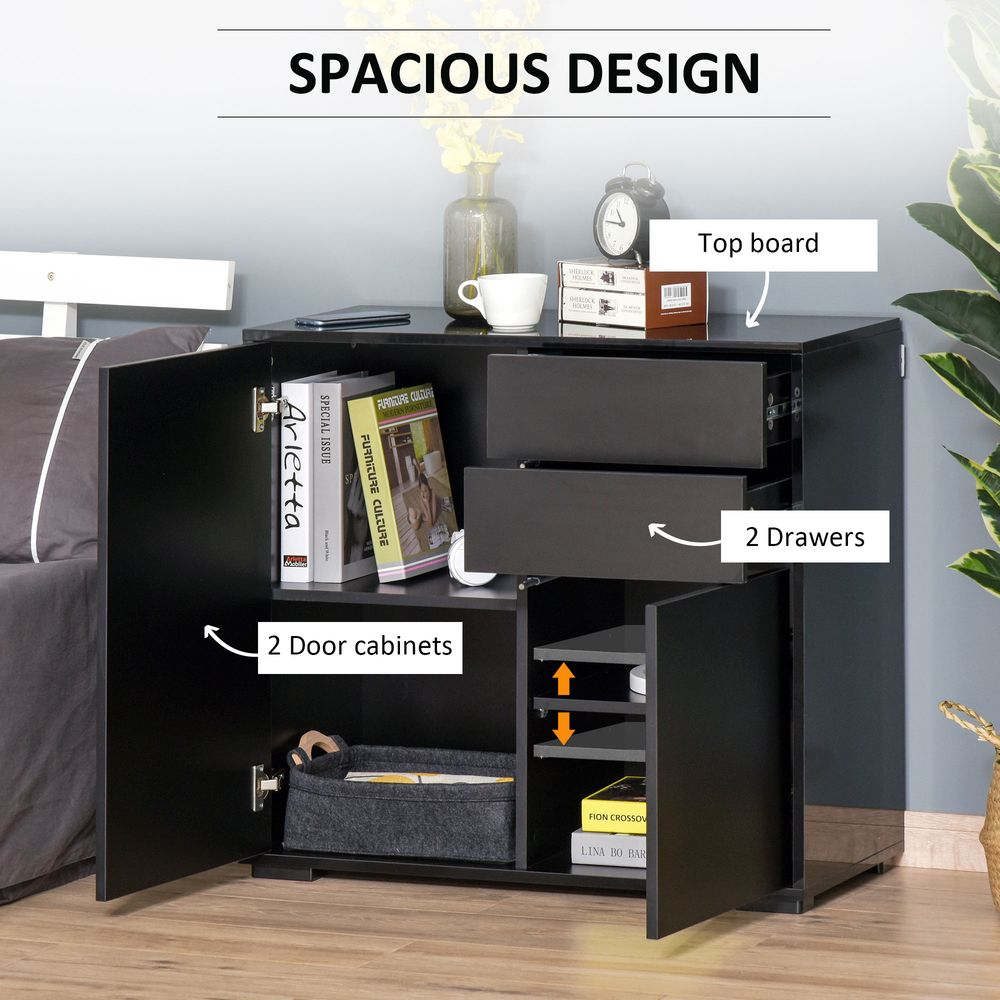 Glossy and Matte Side Cabinet with 2 Door & 2 Drawer - for Home Office - Black
