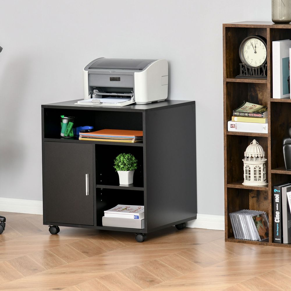 Multi-Storage Printer Stand Unit Office Desk Side Mobile Storage w/Wheels Modern Style 60L x 50W x 65.5H cm - Black