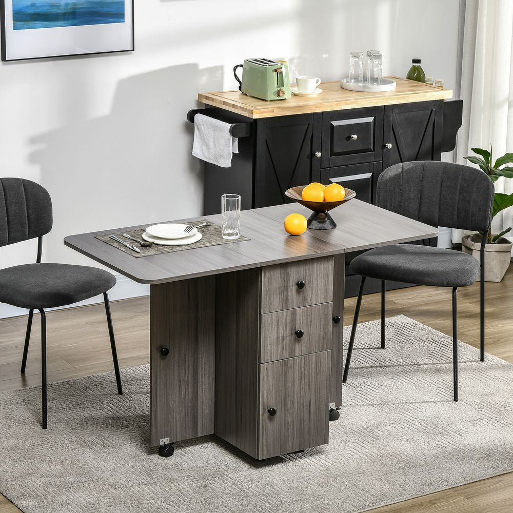 Folding Dining Table, Drop Leaf, Grey - Quality Expandable Space Saver with Storage Drawers
