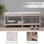 2-Tier Bed End Bench, Vintage Stool, Wooden Window Seat with Storage Shelf, Button Tufted Upholstered Footstool for Living Room, Bedroom, Entryway, Cream White
