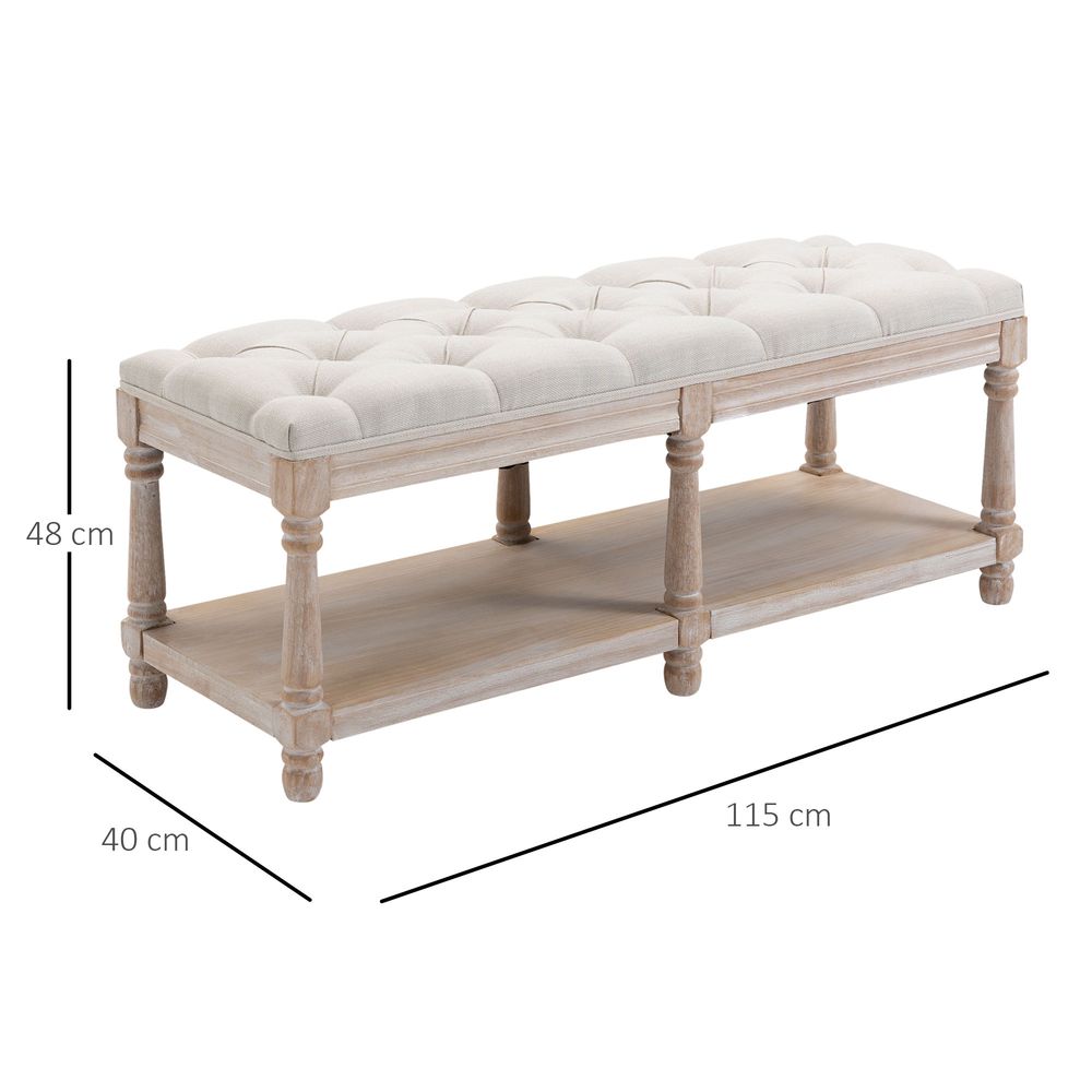 2-Tier Bed End Bench, Vintage Stool, Wooden Window Seat with Storage Shelf, Button Tufted Upholstered Footstool for Living Room, Bedroom, Entryway, Cream White