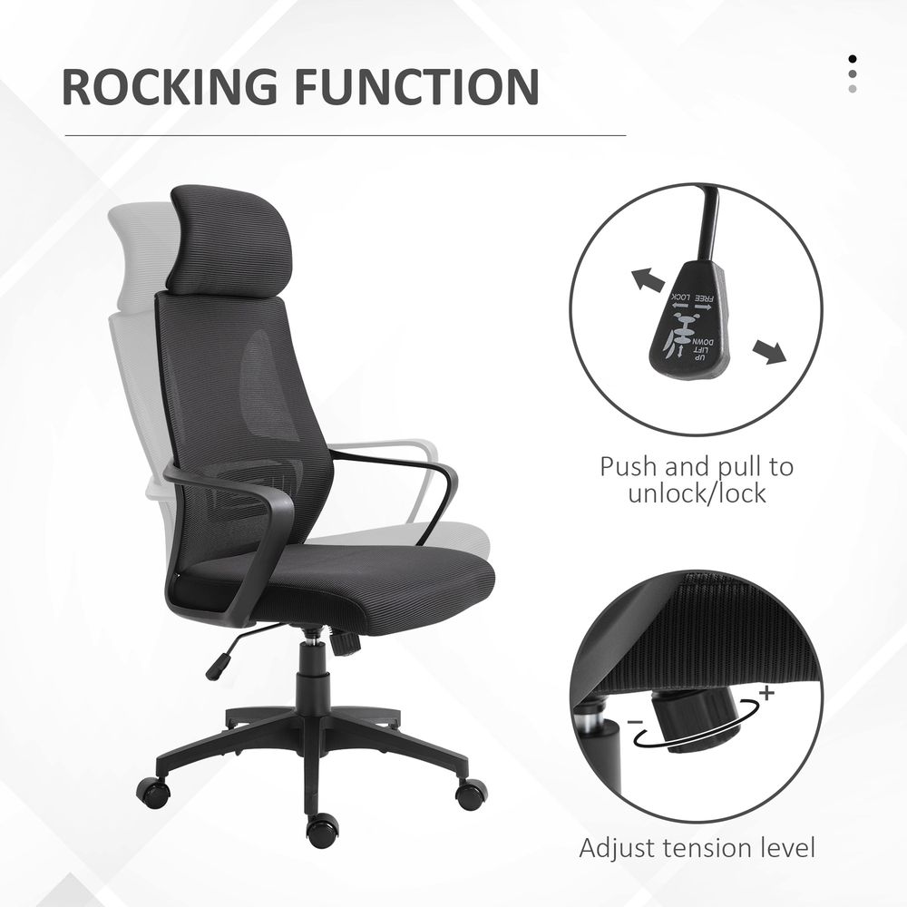 Mesh Back Office Chair - Adjustable Height & Padded Headrest - Comfortable - All Black