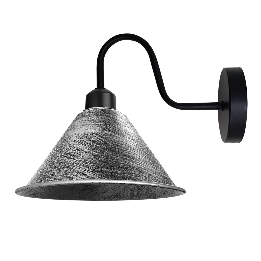 Vintage Silver Wall Sconce - Cone Shape Shade, Swan Neck Arm, Dimmable, E27 Base - for Indoor Lighting