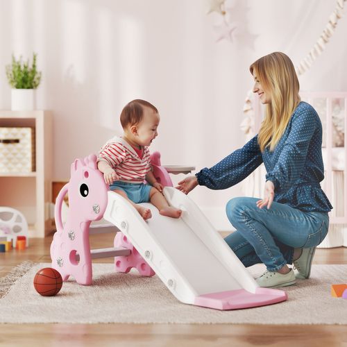 3 in 1 Kids Slide with Climber, Basketball Hoop and Ball, Pink