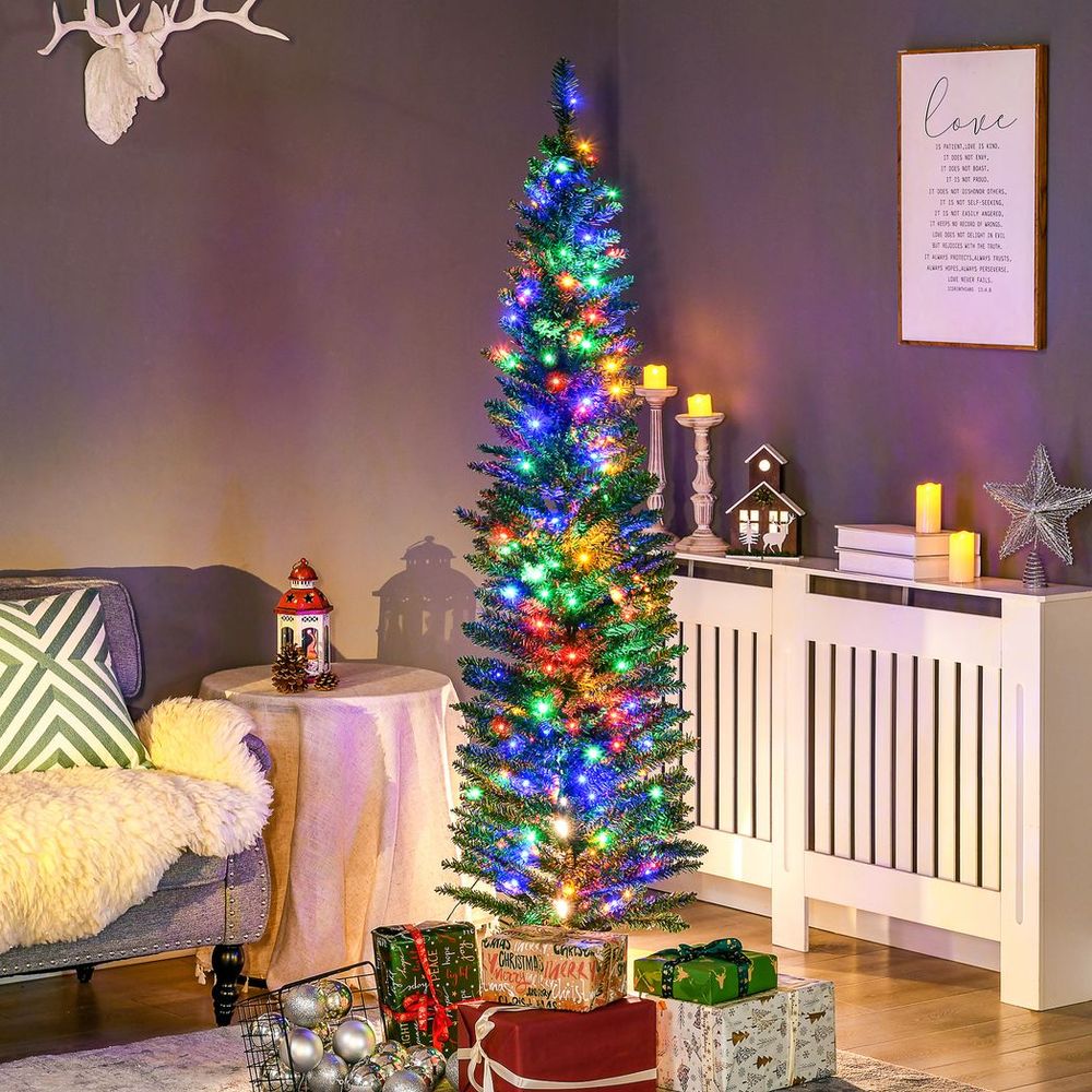 6ft Artificial Pencil Christmas Tree with Colourful Lights, Steel Base