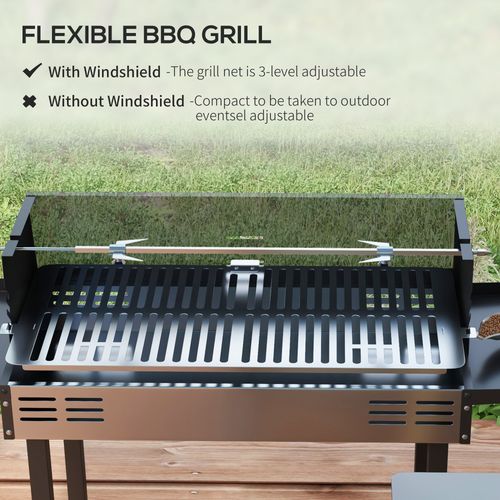 Charcoal Spit Roasting Machine w/ 3-Tier Grill Grate & Foldable Shelves
