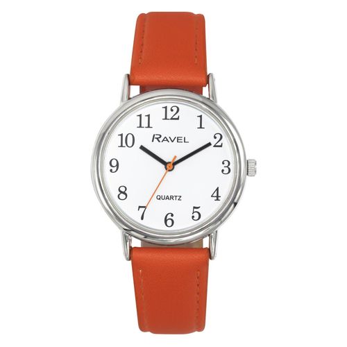 Ladies Classic Big White Dial Orange Leather Strap Watch