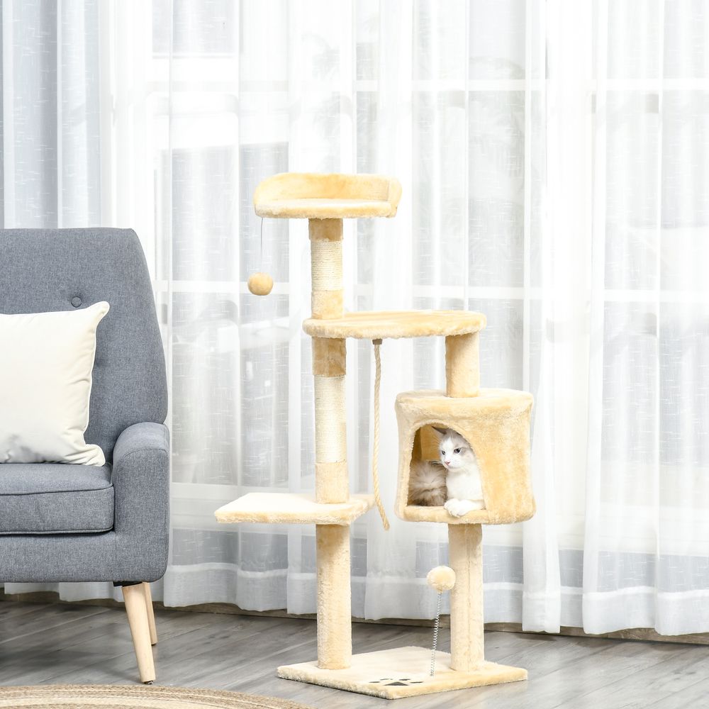 Cat Tree for Indoor Cats Pet Activity Centre Kitty Condo Climbing Scratching Post with Toys 4-tier 114cm Tall Beige