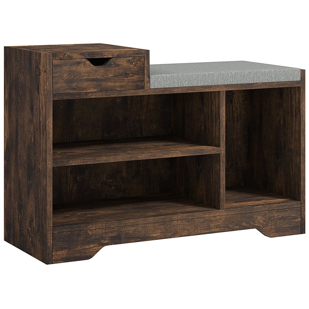 Upholstered Entryway Shoe Bench with Storage Drawer Open Shelf Brown
