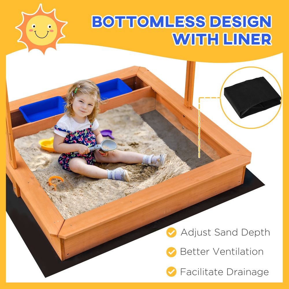 Sand Pit Kids Wooden Sandbox with Cover Children Sandpit Play Station Height Adjustable with Canopy, Bottom Liner, Plastic Basins for Outdoor Aged 3-7 Years