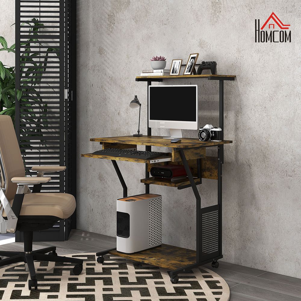 Rolling Computer Desk with Keyboard Tray and Storage Shelves, Rustic Brown