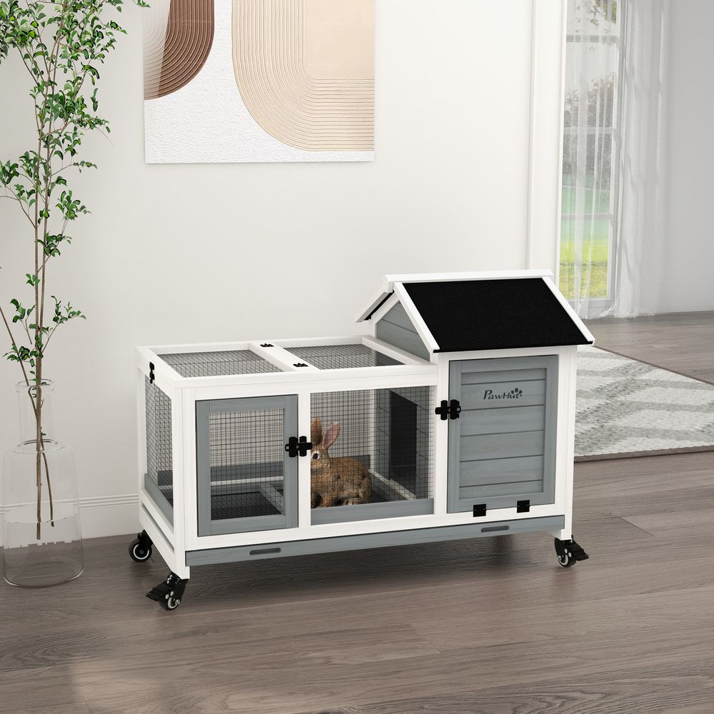 Wooden Rabbit Hutch, Small Animal House w/ Wheels, Removable Tray - Grey