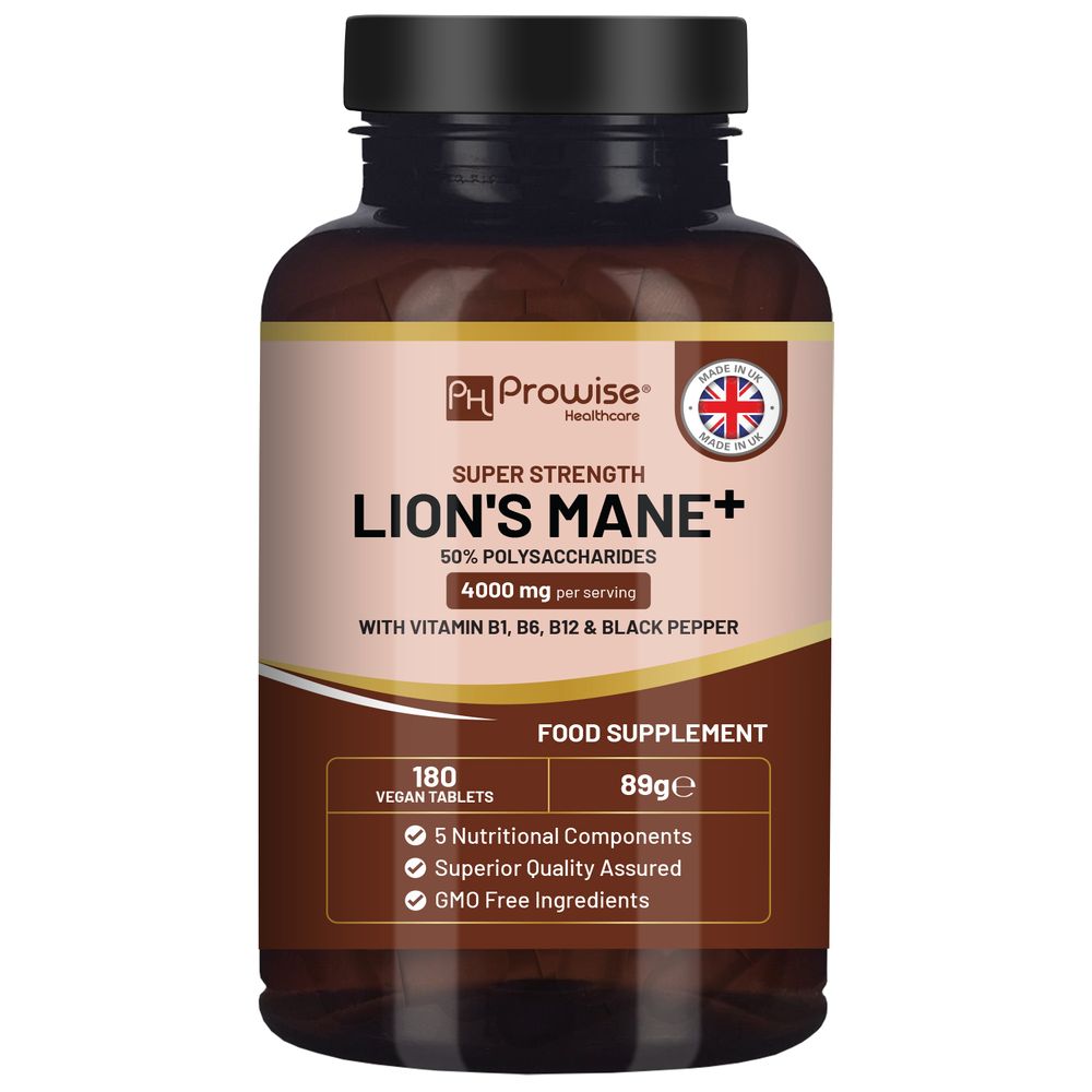 Lions Mane Mushroom Supplement 4000mg with Vitamin B1, B6, B12 & Black Pepper - 180 Super Strength Vegan Tablets with 50% Polysaccharides (Not Powder or Capsules) | Made in The UK