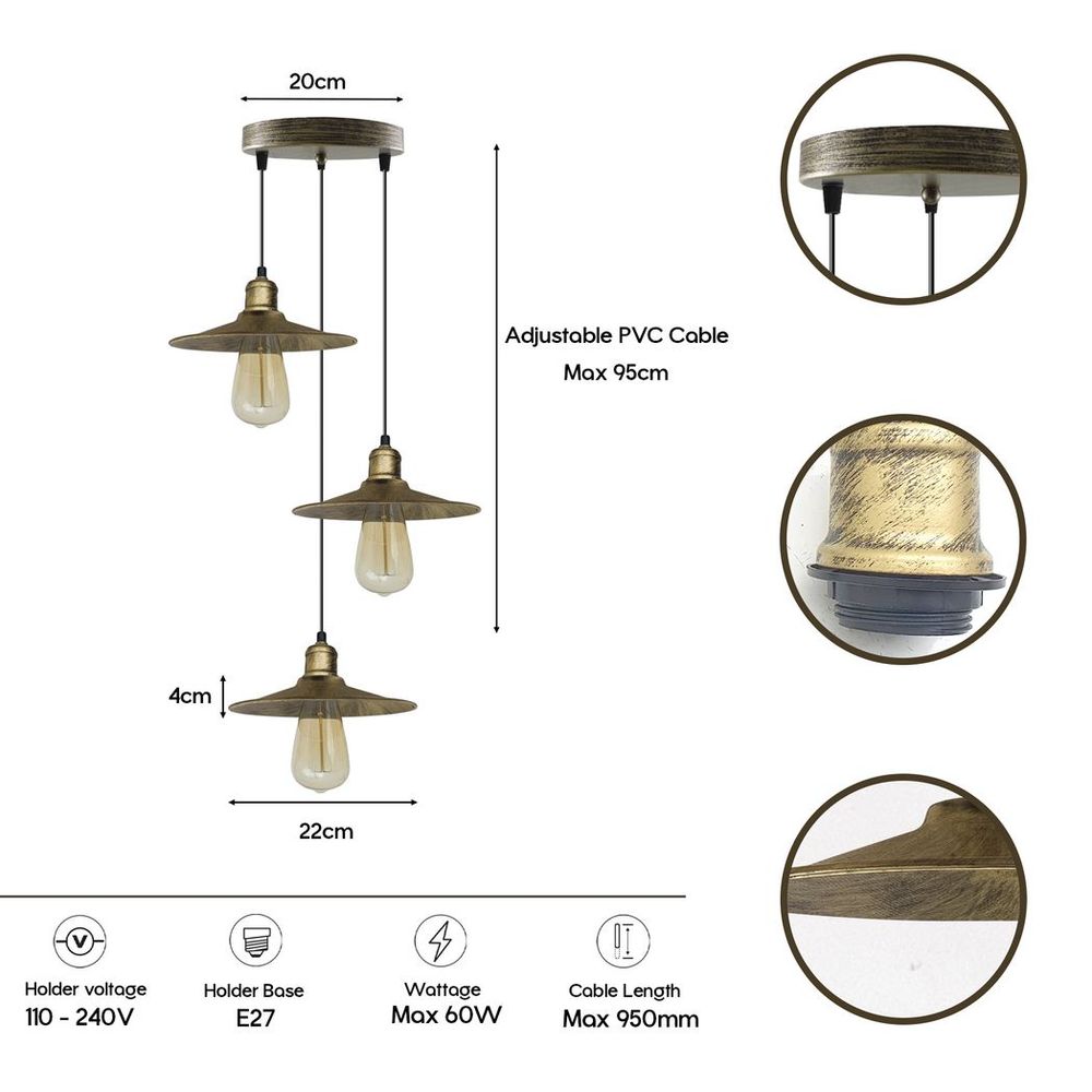 Vintage Industrial Brushed Brass Pendant Light - Metal Shade - 22cm - Easy Fit