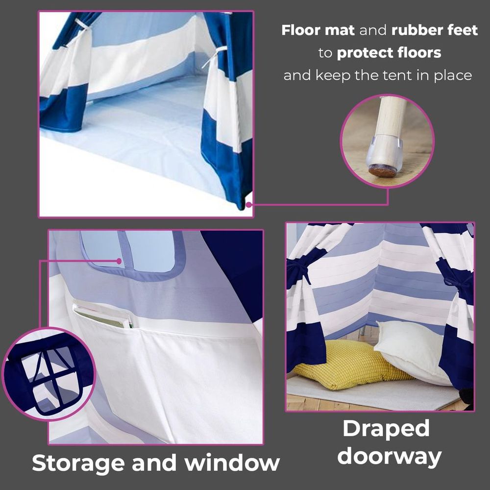 Neo Navy & White Stripe Kids Teepee - Quality Canvas Indian Tent for Hours of Fun