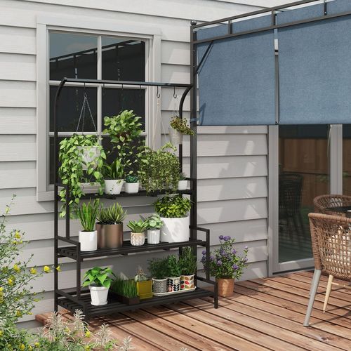 3 Tiered Plant Rack Stand with Hanging Hooks for Indoor Outdoor Use