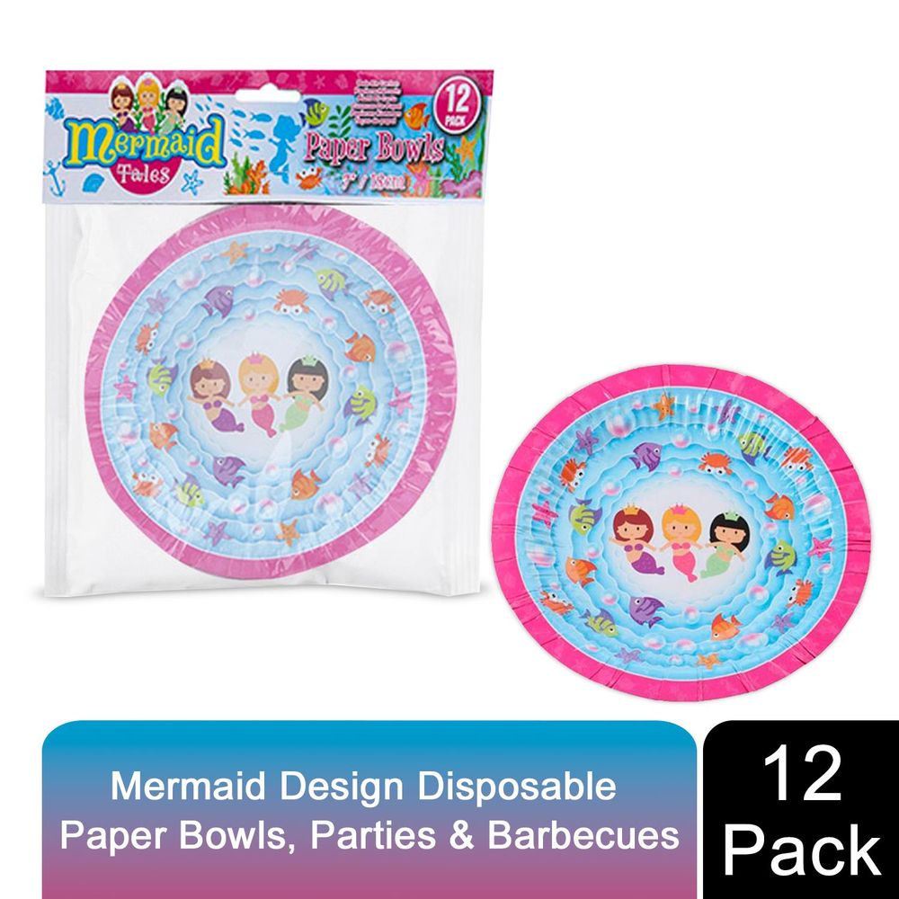 Mermaid Design 7Inch Paper Bowls - Set of 12 for Picnics, Parties & BBQs