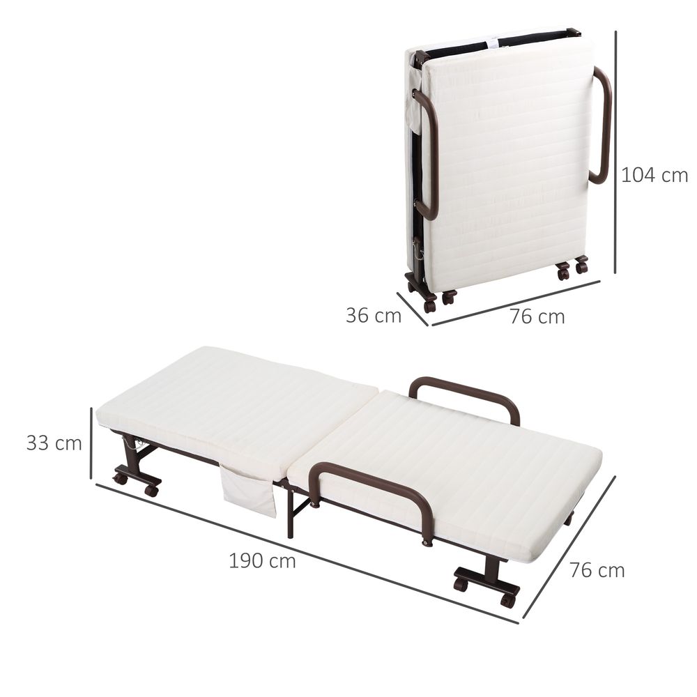 Folding Bed with Mattress, Single Guest Bed, Portable Fold Bed with Adjustable Backrest, Metal Frame on Wheels, White, 190 x 76 cm