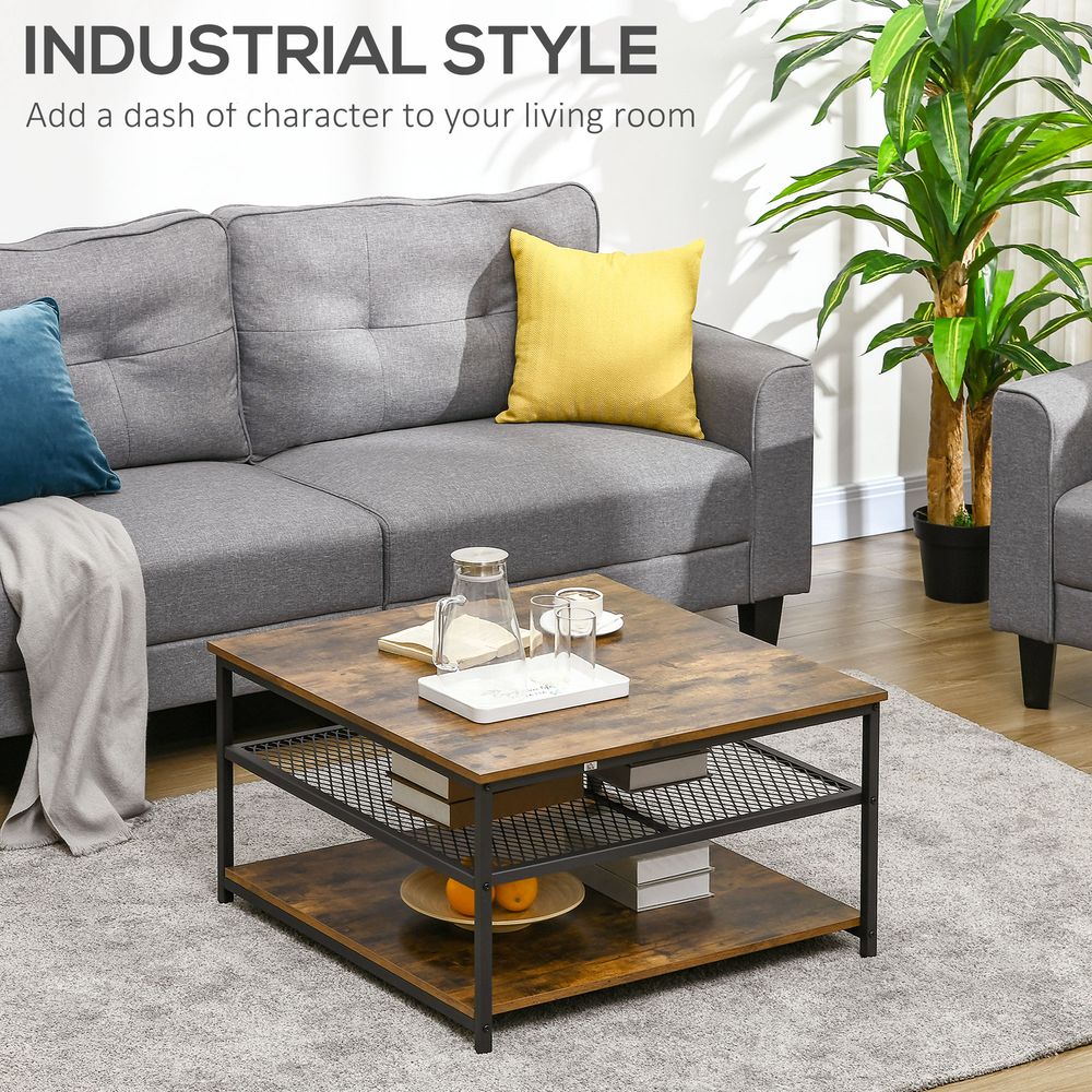 Coffee Table, Living Room Table with 3-Tier Storage Shelves, Square Tea Table for Home Office, Rustic Brown