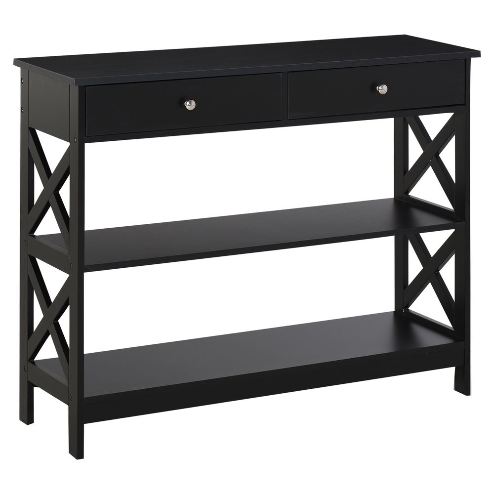 Console Table Side Desk w/Shelves Drawers Open Top X Support Frame Living Room Hallway Home Office Furniture Black