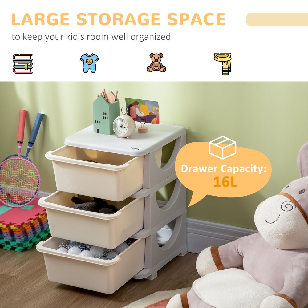 Kids Storage Units with 3 Drawers 3 Tier Chest Vertical Dresser Tower Toy Organizer for Nursery Playroom Kindergarten Cream