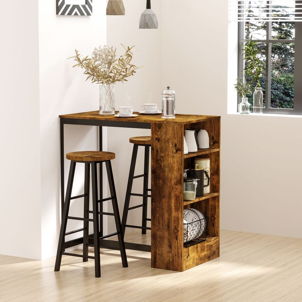 3 pc Bar Table Set: Height Table, 2 Stools w/ Storage & Footrest - for Small Spaces