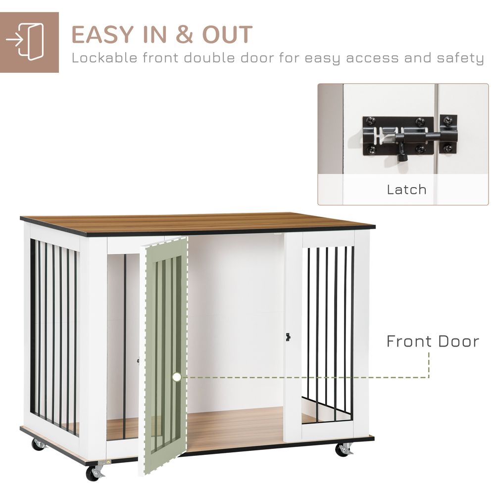 Dog Crate Furniture, Dog Cage End Table with Wheels, Lockable Door, for Medium Dogs, 106 x 60 x 82 cm - White