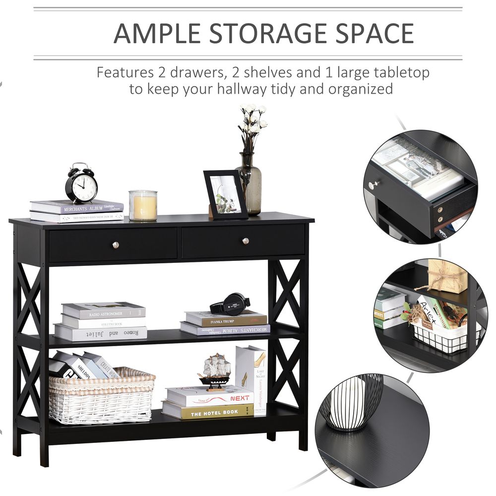 Console Table Side Desk w/Shelves Drawers Open Top X Support Frame Living Room Hallway Home Office Furniture Black