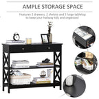 Console Table Side Desk w/Shelves Drawers Open Top X Support Frame Living Room Hallway Home Office Furniture Black