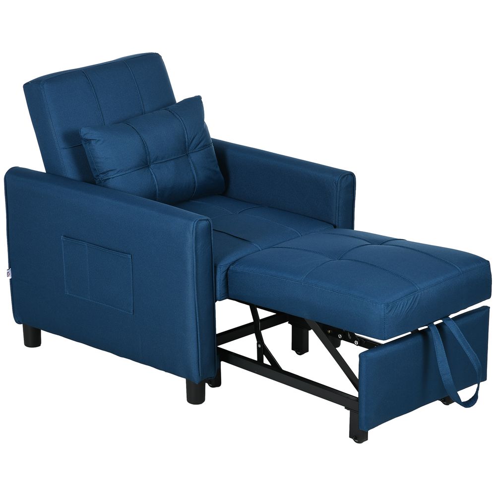 Pull Out Chair Bed, Sleeper Chair with Pillow, Side Pockets, Blue