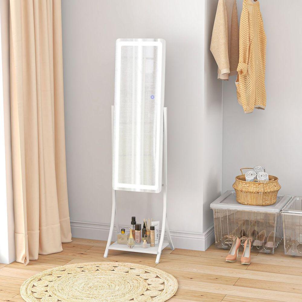 LED Lighted Full Length Mirror, Floor Standing Mirror with Storage Shelf